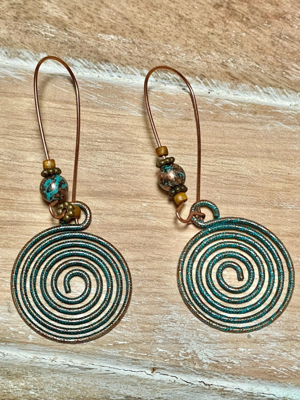 Handmade Copper and Turquoise Patina Spiral Drop Earrings - Women Jewelry